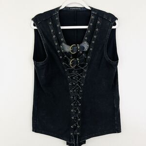 Punk Rave Mens Black Buckled Steampunk Goth Punk Lace up Vest Shirt - Large